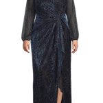 Adrianna Papell Metallic Mesh Surplice V-Neck Long Sleeve A-Line Dress ( Plus Size )