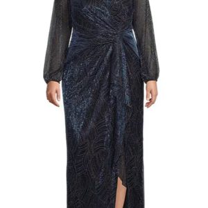 Adrianna Papell Metallic Mesh Surplice V-Neck Long Sleeve A-Line Dress ( Plus Size )