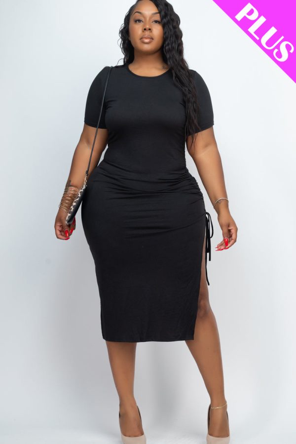 Plus Size Drawstring Ruched Side Split Hem Midi Dress (CAPELLA) - Image 6