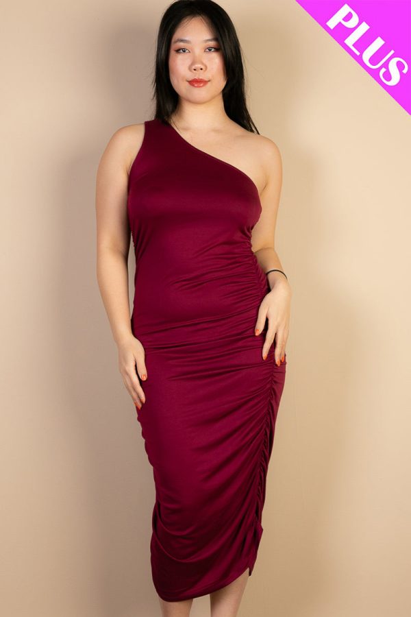 Plus Size Sexy Solid Color Ruched One Shoulder Midi Bodycon Dress (CAPELLA) - Image 11