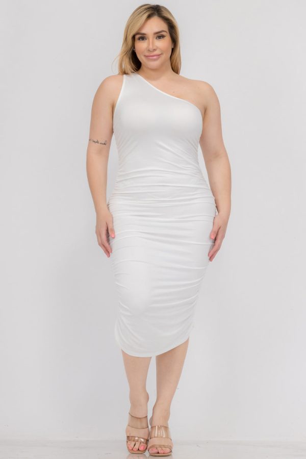 Plus Size Sexy Solid Color Ruched One Shoulder Midi Bodycon Dress (CAPELLA) - Image 5