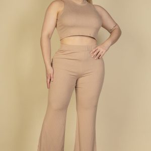 Plus Size Ribbed Mock Neck Crop Tank Top& Bootcut Pants Set (CAPELLA)