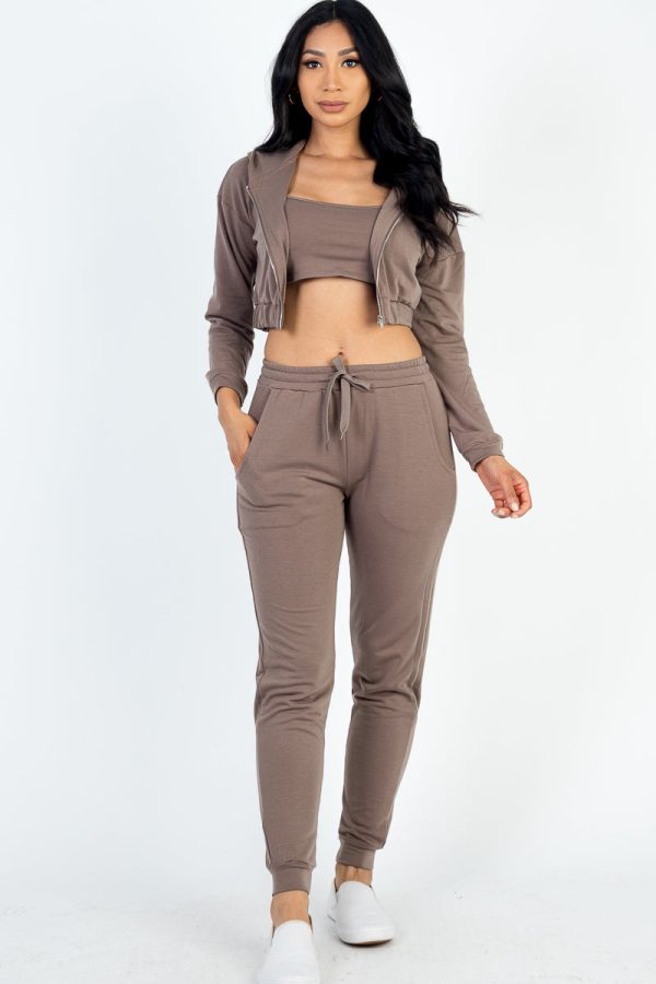 French Terry Cropped Cami with Zip-up Jacket and Joggers Set (CAPELLA) - Image 21