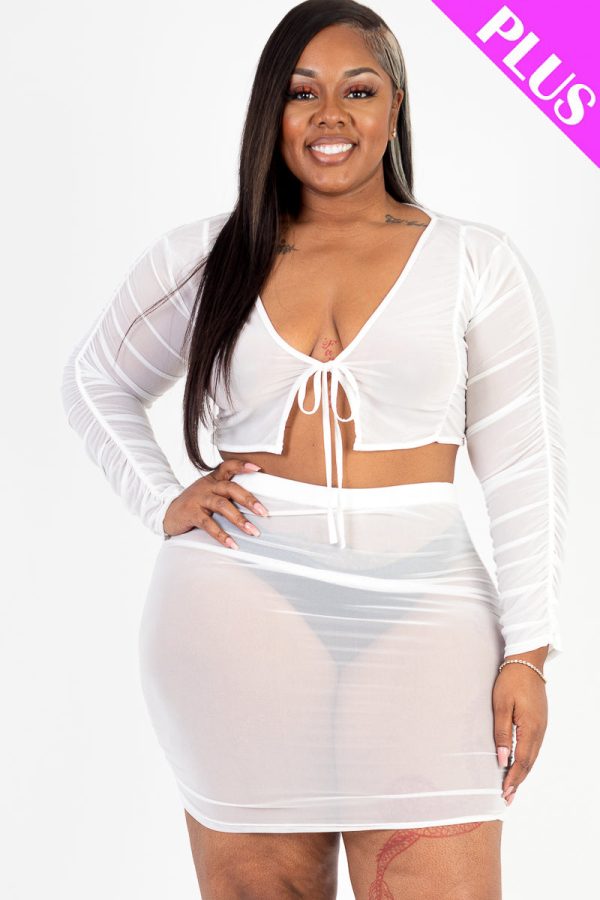 Plus Size Sheer Mesh Tie Front Crop Top & Ruched Side Mini Skirt (CAPELLA) - Image 11