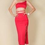 Sexy Solid Color One Shoulder Crop Top & Drawstring Ruched Crisscross Tie Back Side Slit Hem Skirt Set (CAPELLA)