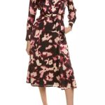 Tahari ASL V-Neck Long Sleeve Slip Pockets Surplice Tie Waist Midi A-Line Satin Dress