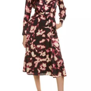 Tahari ASL V-Neck Long Sleeve Slip Pockets Surplice Tie Waist Midi A-Line Satin Dress