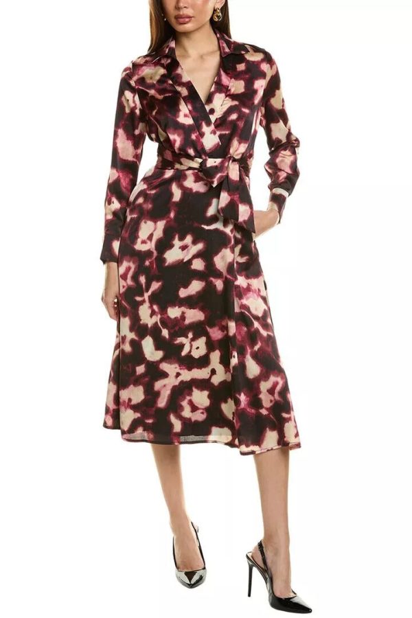 Tahari ASL V-Neck Long Sleeve Slip Pockets Surplice Tie Waist Midi A-Line Satin Dress - Image 9