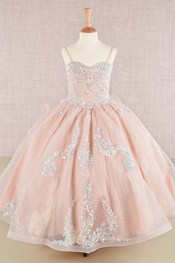 Spaghetti Strap Sequin Mesh with a Detachable Ribbon and Ruffled Back Skirt Quinceanera Kids Dress GLGK106 - Image 12