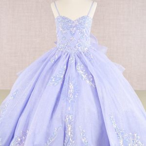 Spaghetti Strap Sequin Mesh with a Detachable Ribbon and Ruffled Back Skirt Quinceanera Kids Dress GLGK106