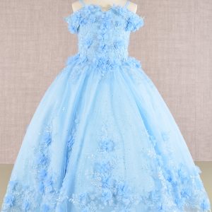 3D Floral Applique Embellished Glitter Embroidery Mesh Quinceanera Kids Dress GLGK110