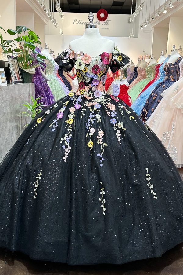 3D Flower Applique w/ Detachable Short Sleeves Mesh Long Quinceanera Dress GLGL3177 - Image 7