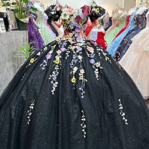 3D Flower Applique w/ Detachable Short Sleeves Mesh Long Quinceanera Dress GLGL3177