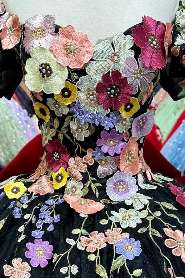 3D Flower Applique w/ Detachable Short Sleeves Mesh Long Quinceanera Dress GLGL3177 - Image 3