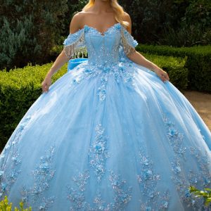 Chandelier beading accented floral embroidered glitter mesh quinceanera dress with back bows GLGL3525