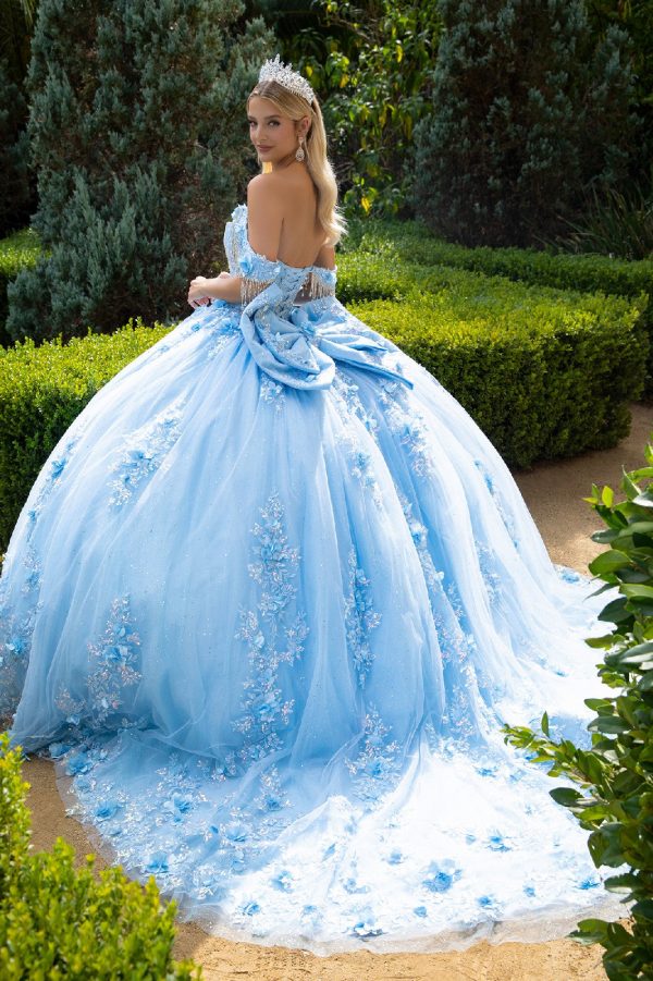 Chandelier beading accented floral embroidered glitter mesh quinceanera dress with back bows GLGL3525 - Image 2