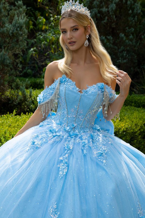 Chandelier beading accented floral embroidered glitter mesh quinceanera dress with back bows GLGL3525 - Image 3