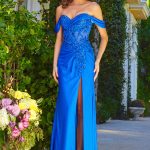 Embellished off shoulder pleating detail mesh bodice with glitter jersey skirt slit dress GLGL3540