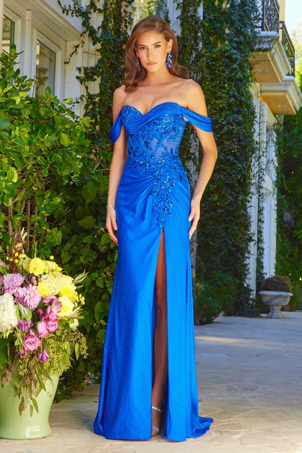Embellished off shoulder pleating detail mesh bodice with glitter jersey skirt slit dress GLGL3540