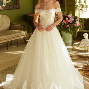 Embroidered a line pearl accented wedding gown with lace up back GLGL3604