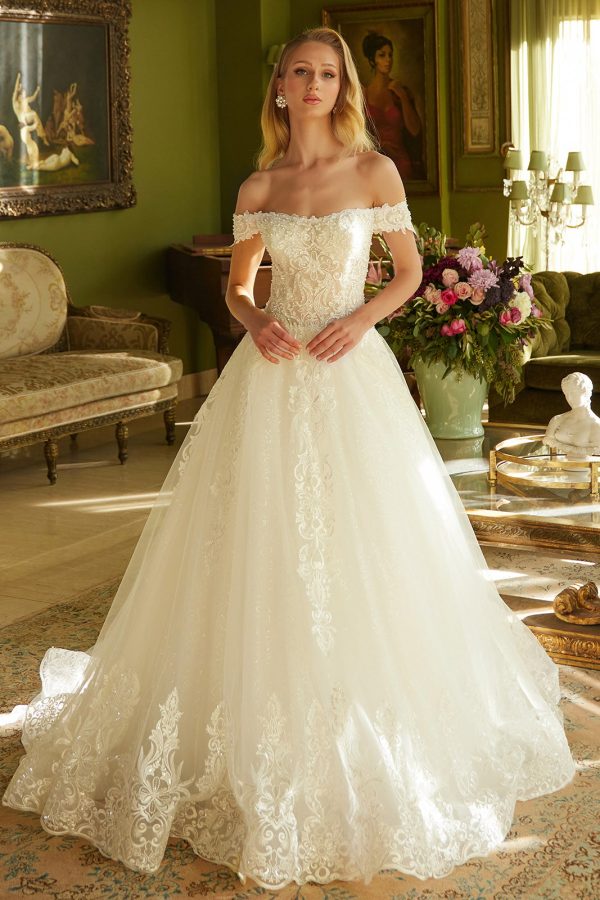 Embroidered a line pearl accented wedding gown with lace up back GLGL3604