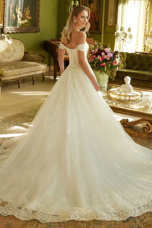 Embroidered a line pearl accented wedding gown with lace up back GLGL3604 - Image 2