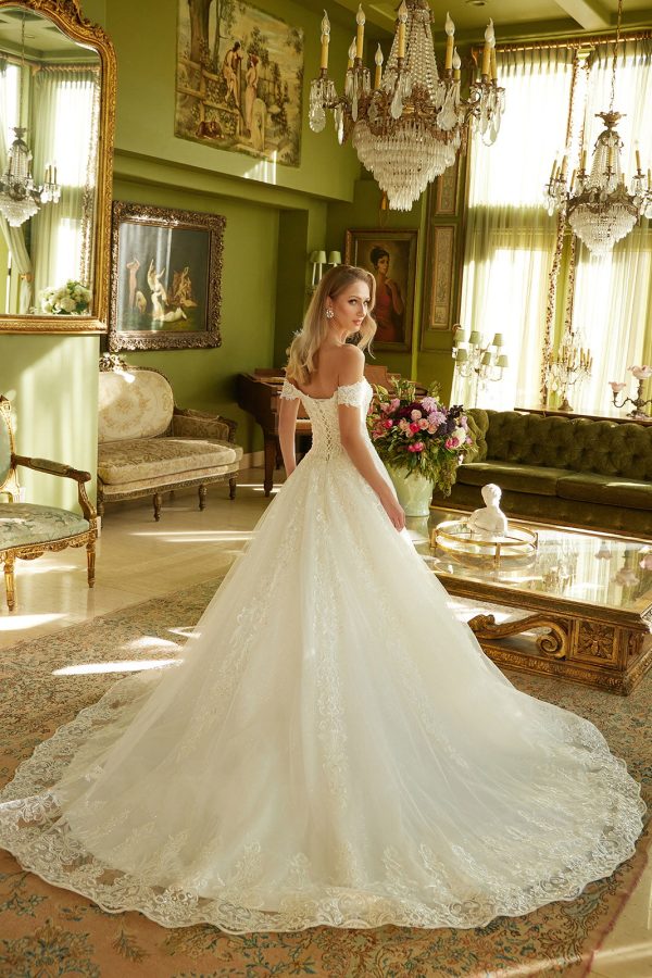 Embroidered a line pearl accented wedding gown with lace up back GLGL3604 - Image 3