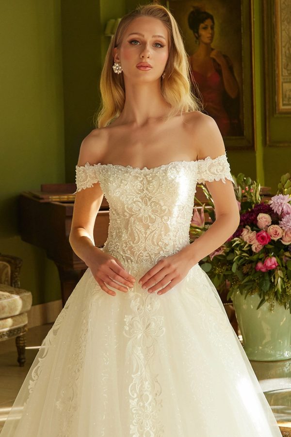 Embroidered a line pearl accented wedding gown with lace up back GLGL3604 - Image 4