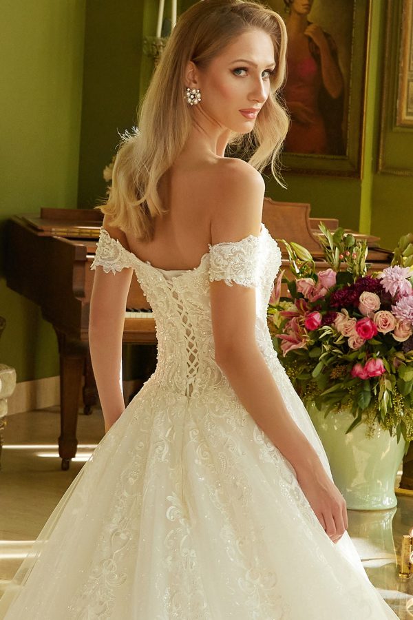 Embroidered a line pearl accented wedding gown with lace up back GLGL3604 - Image 5