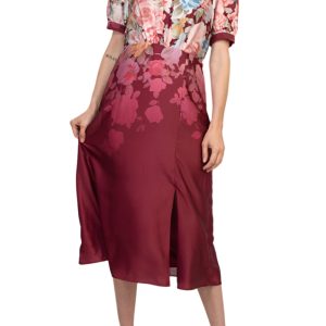 Julia Jordan Mock Neckline Short Puff Sleeves Floral Satin Midi Dress