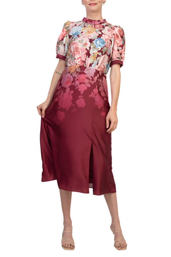 Julia Jordan Mock Neckline Short Puff Sleeves Floral Satin Midi Dress - Image 8