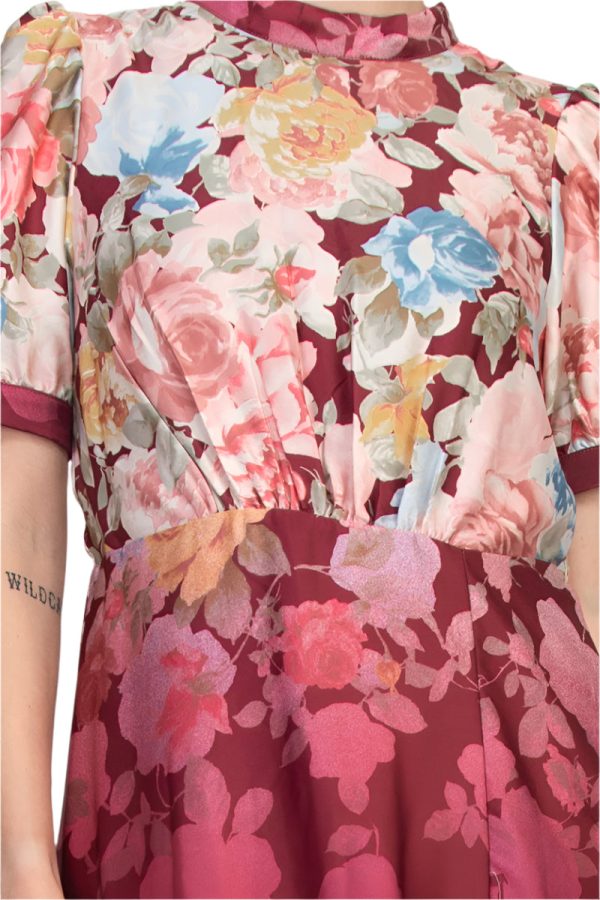 Julia Jordan Mock Neckline Short Puff Sleeves Floral Satin Midi Dress - Image 4