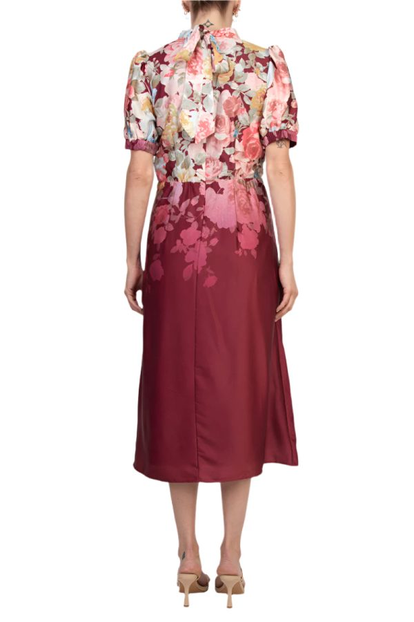 Julia Jordan Mock Neckline Short Puff Sleeves Floral Satin Midi Dress - Image 3