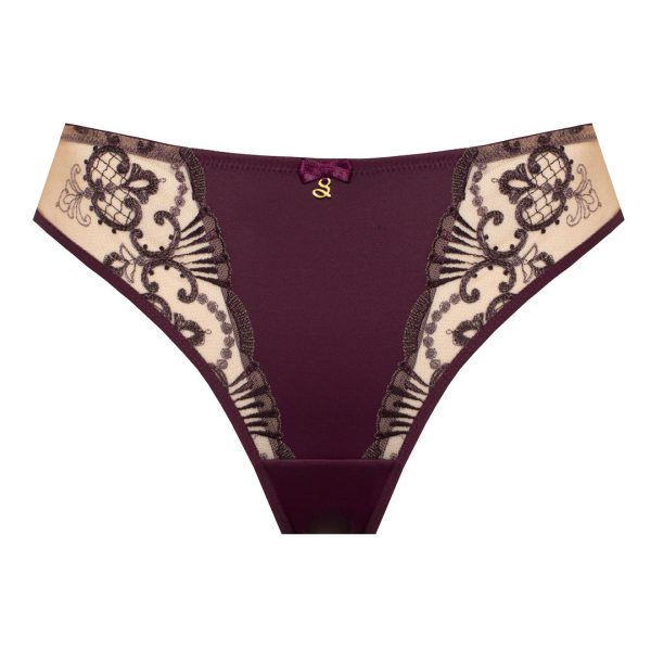 Sheer Mesh Tulle Embroidered Tanga Panty Perla Aubergine - Image 4