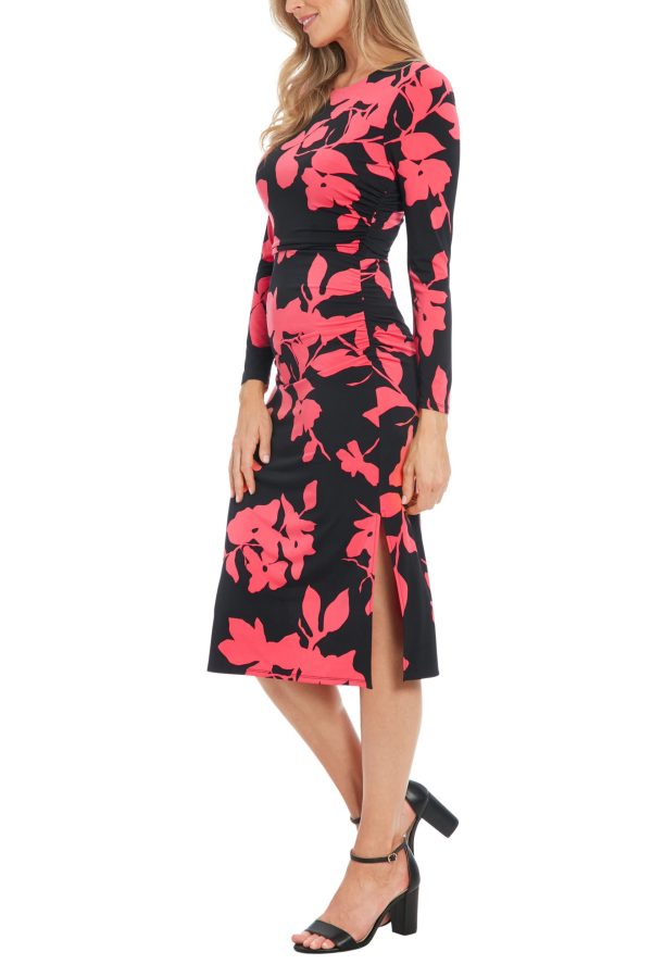 London Times Crew Neckline Long Sleeves Ruched Side Slit Straight Fit Midi Sheath Silhouette Dress - Image 2