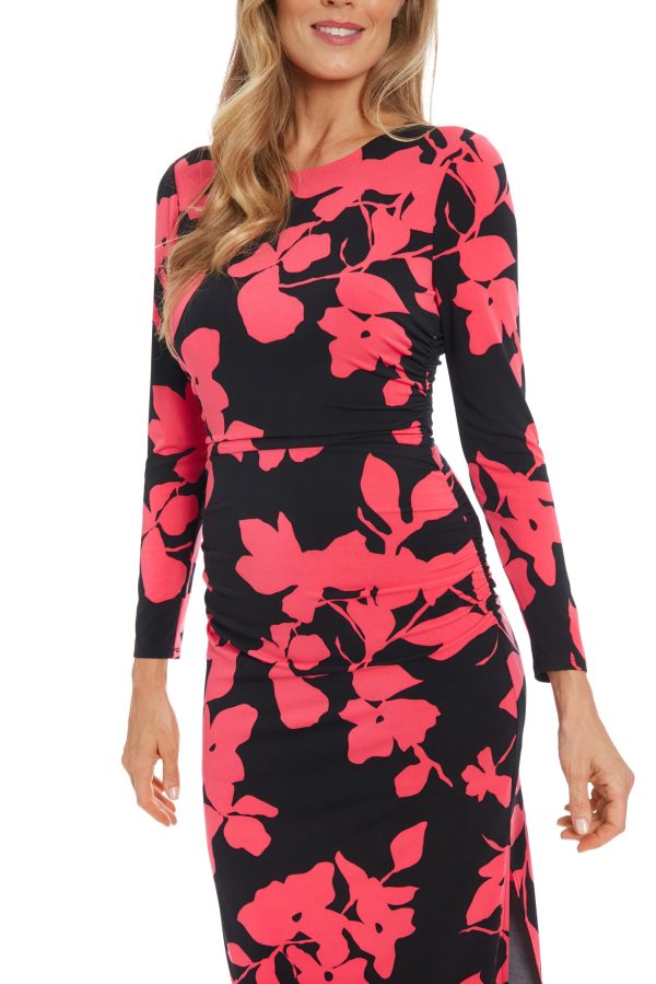 London Times Crew Neckline Long Sleeves Ruched Side Slit Straight Fit Midi Sheath Silhouette Dress - Image 4