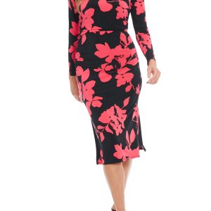London Times Crew Neckline Long Sleeves Ruched Side Slit Straight Fit Midi Sheath Silhouette Dress
