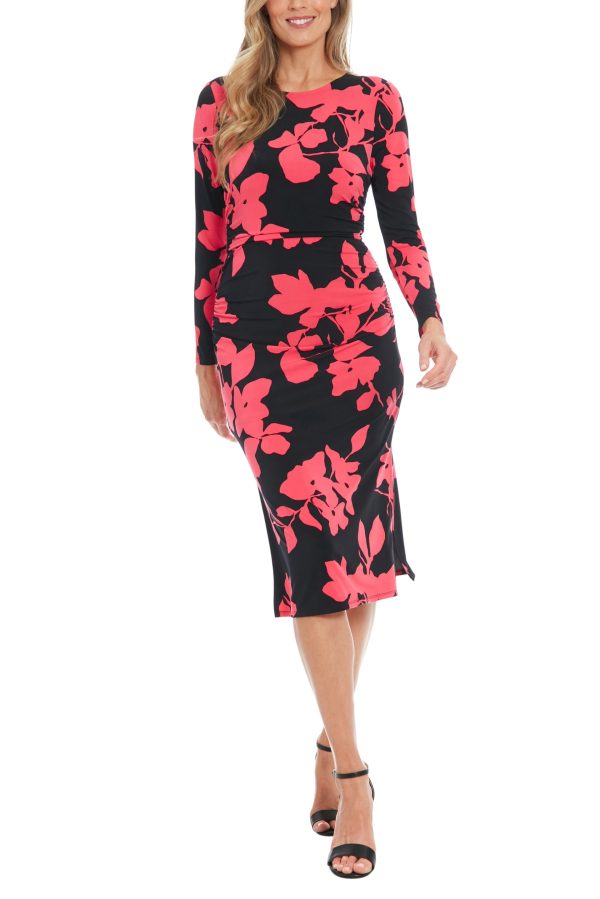 London Times Crew Neckline Long Sleeves Ruched Side Slit Straight Fit Midi Sheath Silhouette Dress - Image 11