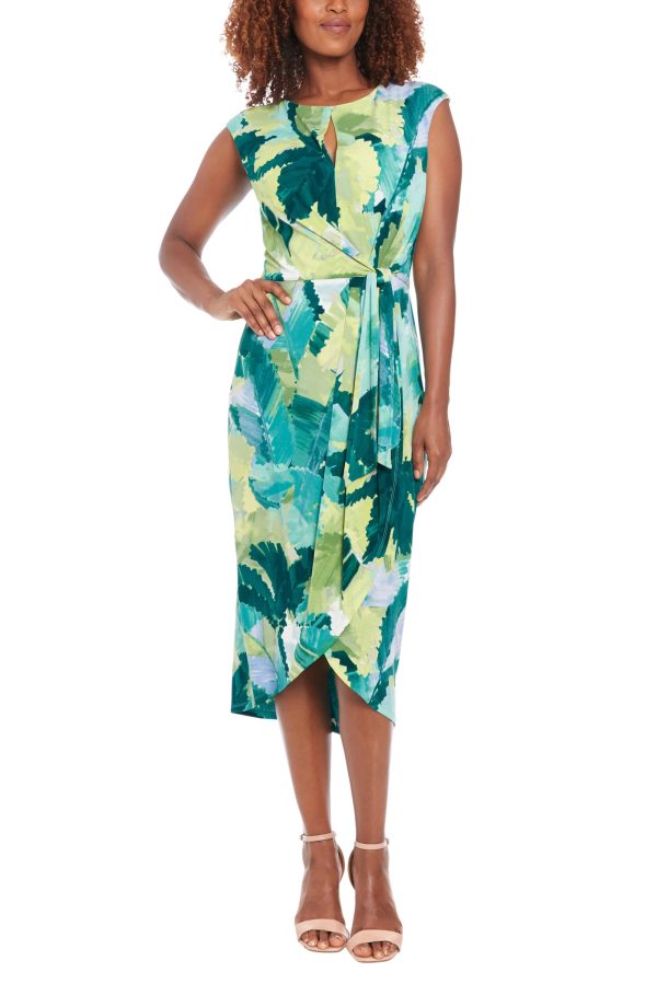 London Times Keyhole Neckline Sleeveless Waist Tie Tulip Hem Sheath Silhouette Midi Dress - Image 4