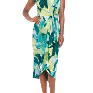 London Times Keyhole Neckline Sleeveless Waist Tie Tulip Hem Sheath Silhouette Midi Dress