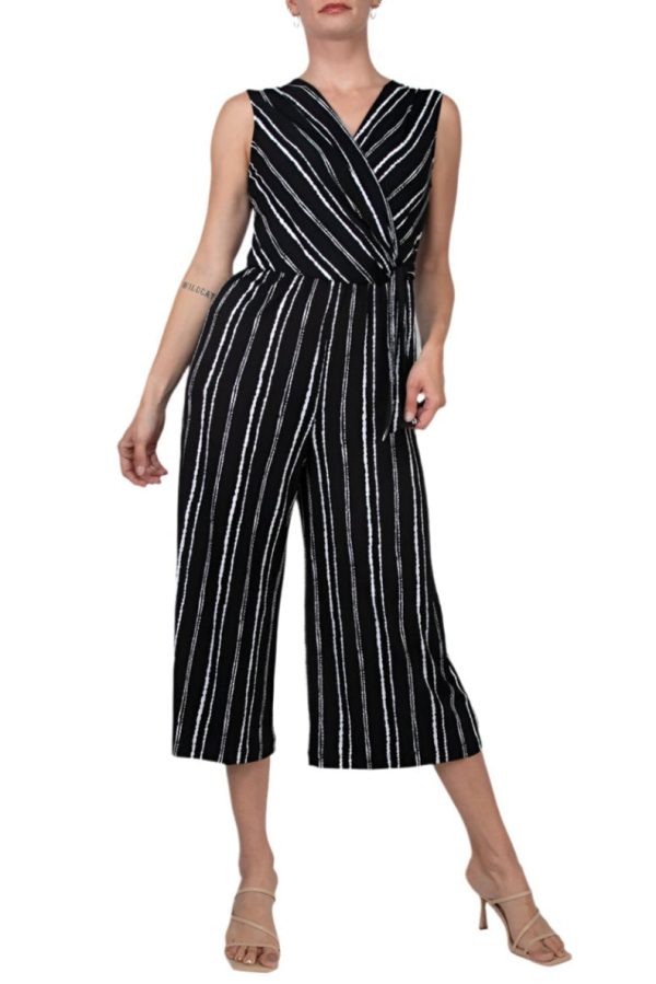 Connected Apparel Surplice Neck Sleeveless Faux Tie Side Jersey Jumpsuit - Image 5