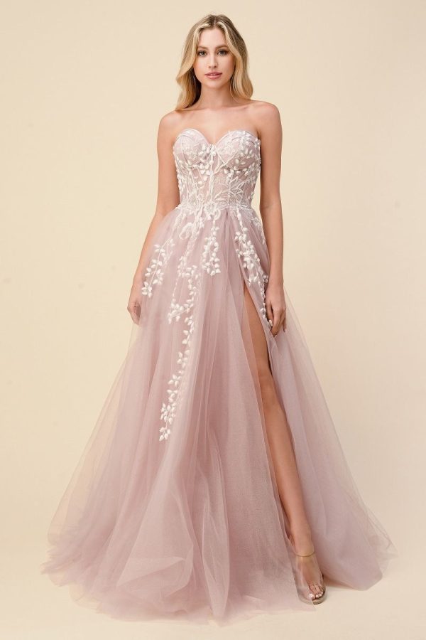 Corset Strapless Floral Appliqué A-line Glittery Skirt Sweetheart Bodice Leg Slit Long Prom Dress CDA1029 - Image 12