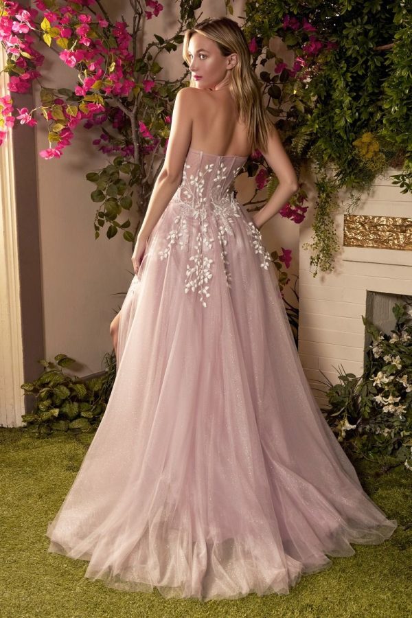 Corset Strapless Floral Appliqué A-line Glittery Skirt Sweetheart Bodice Leg Slit Long Prom Dress CDA1029 - Image 3