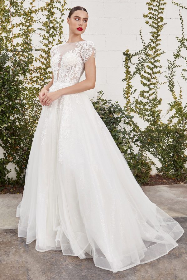 Sofian Vintage Short Sleeve Embroidered Bodice Floral Deep V-neck Wedding Dress CDA1082W