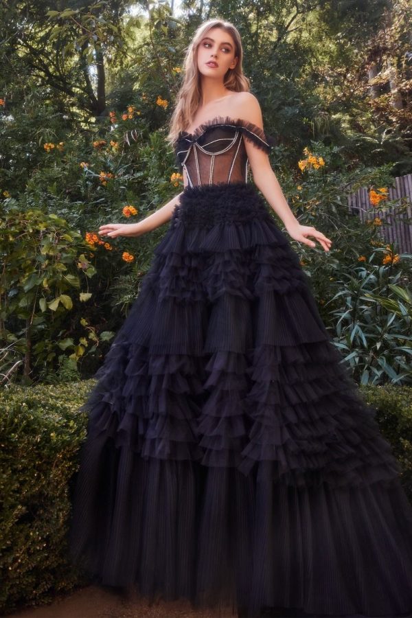 Rhinestone Corset Ruffle Off Shoulder Sheer Bodice Long Prom Dress CDA1150 - Image 4