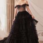 Rhinestone Corset Ruffle Off Shoulder Sheer Bodice Long Prom Dress CDA1150