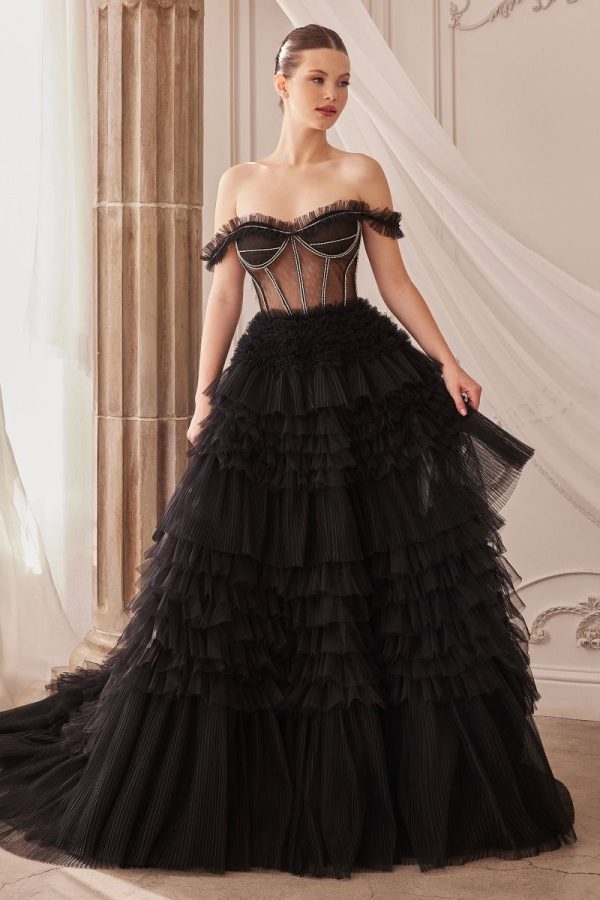 Rhinestone Corset Ruffle Off Shoulder Sheer Bodice Long Prom Dress CDA1150 - Image 7