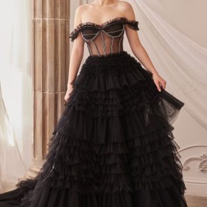 Rhinestone Corset Ruffle Off Shoulder Sheer Bodice Long Prom Dress CDA1150