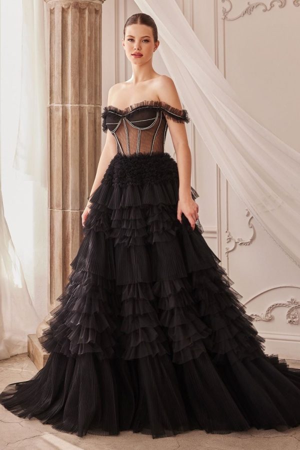Rhinestone Corset Ruffle Off Shoulder Sheer Bodice Long Prom Dress CDA1150 - Image 2
