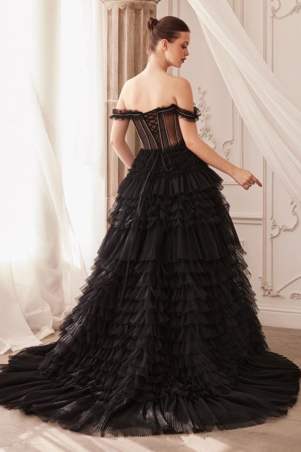 Rhinestone Corset Ruffle Off Shoulder Sheer Bodice Long Prom Dress CDA1150 - Image 3
